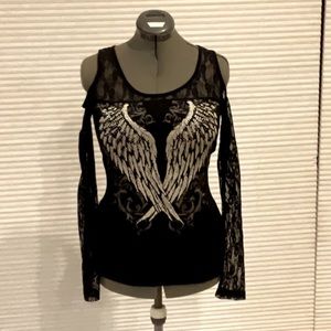 LOS ANGELES BUS STOP BLK LACE SHOULDER-LESS W/WINGS & SILVER RHINESTONES SIZE L